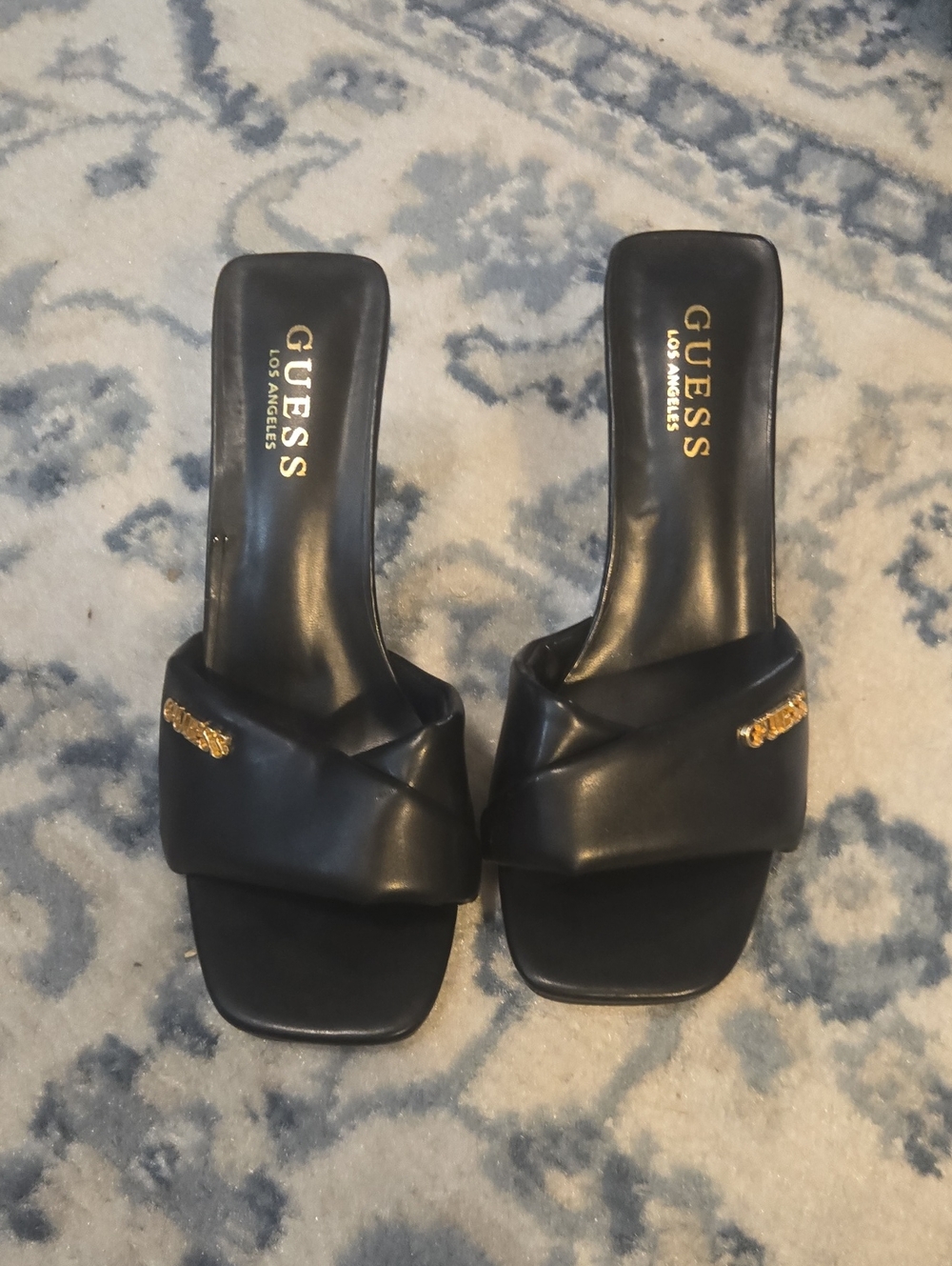 GUESS Black Twisted Front Slide Sandals with Gold Logo Accents